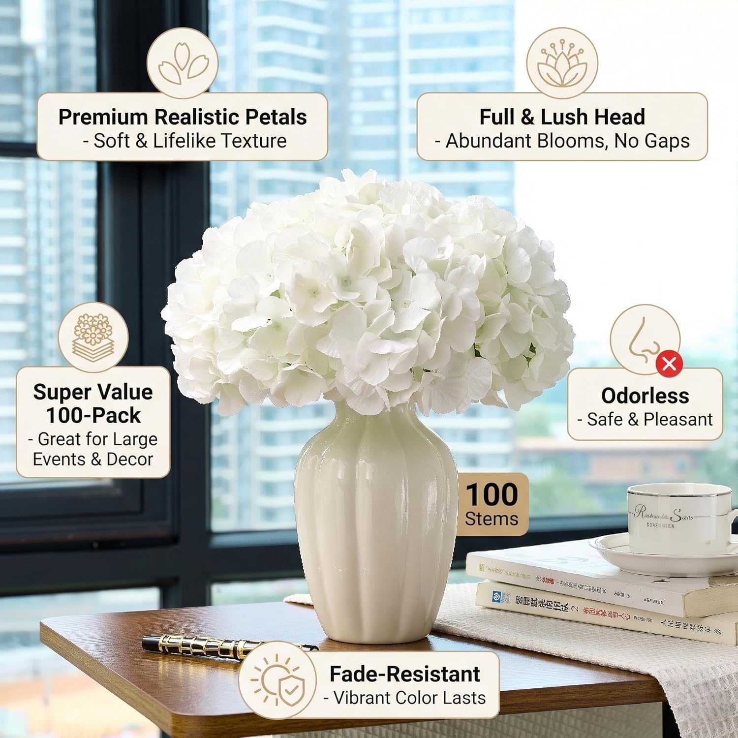 100 PCS Ivory Hydrangea Artifi - Bonsai Garden Images บทวิจารณ์และราคา